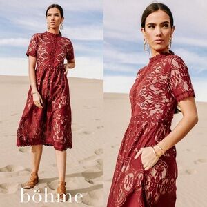 Bohme Burgundy Lace Overlay Formal Midi Dress | XS